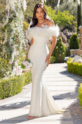 White Lace Bardot Feather Fishtail Maxi Dress